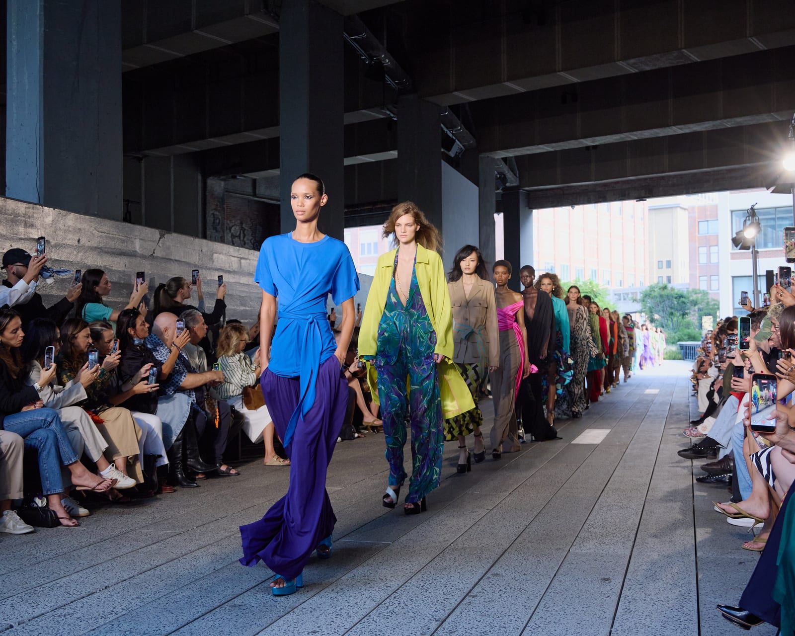 Models walk the Diane von Furstenberg Spring 2027 runway on a covered stretch of New York's High Line