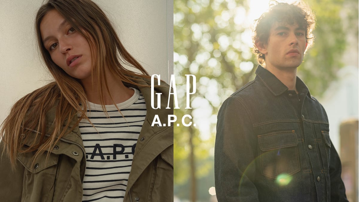Campaign image for the Gap x A.P.C. collaboration: a woman in an olive utility jacket over an A.P.C. striped tee, and a man in a dark denim jacket